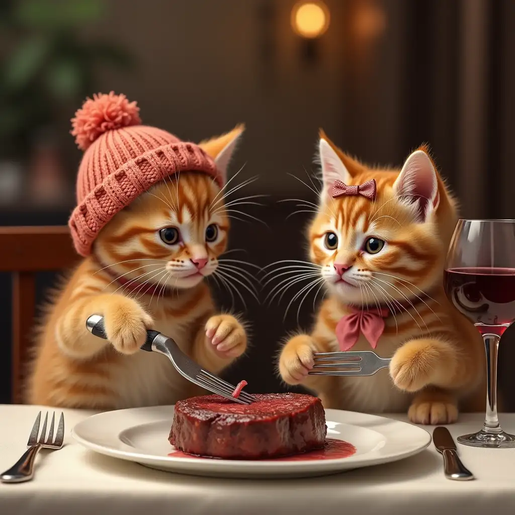 ginger nice real kitten in knitted hat sits at the table in the restaurant. on the table steak. the kitten holds a knife and fork and cuts the steak. next to him sits another kitten with a bow on his head and also eats steak. there are wine glasses on the table for each kitten. and for each kitten there is a napkin on the collar like in a restaurant