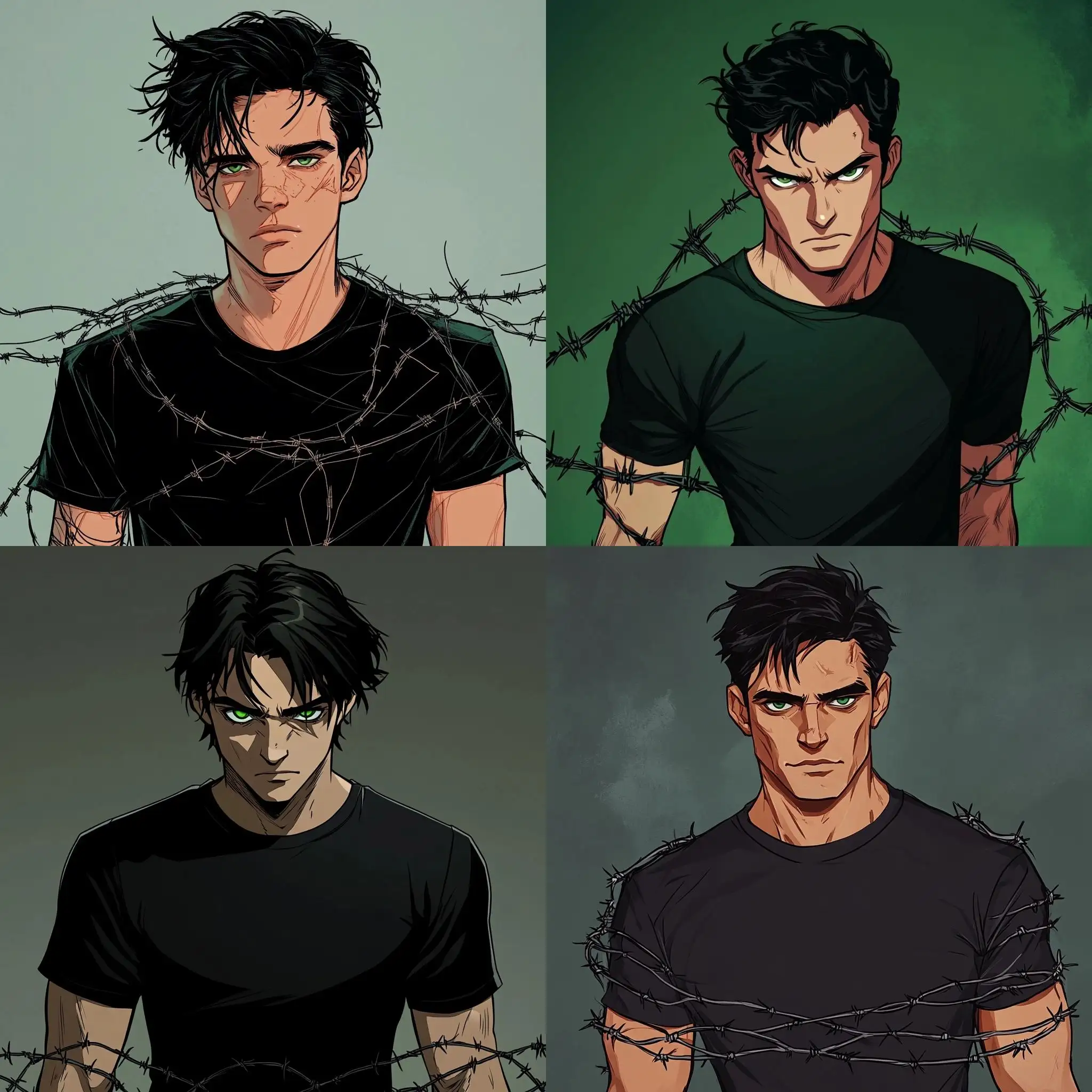 Supervillain-Young-Man-with-Black-Hair-and-Green-Eyes-in-Barbed-Wire-TShirt