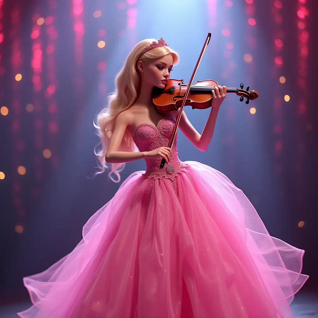 violina and unejses colorful pastel on stage with pink barbie dress