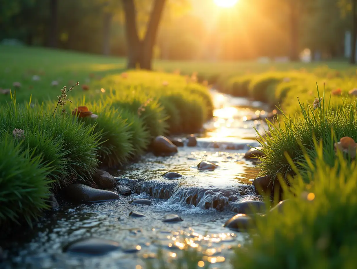 paint a picture with sunlight, a small stream and a lawn as the background