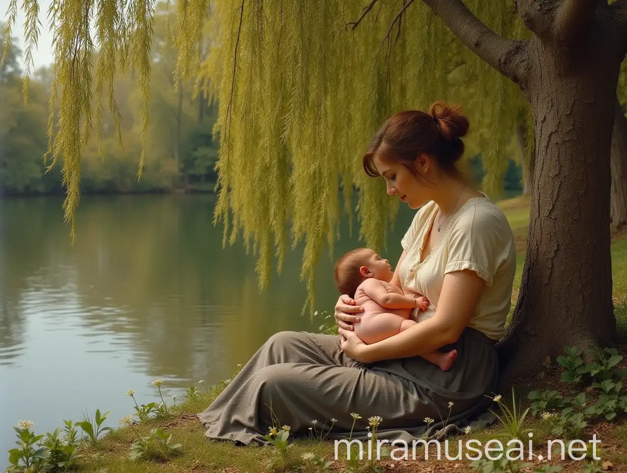 Mother Nursing Her Baby by a Tranquil WillowLined River