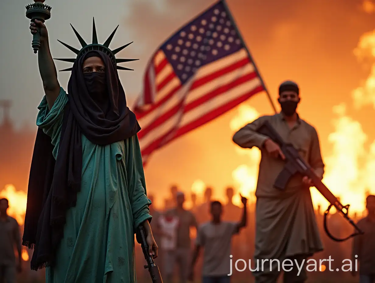 Statue-of-Liberty-in-Hijab-with-Burning-American-Flag-and-Muslim-Warrior-Holding-AK47