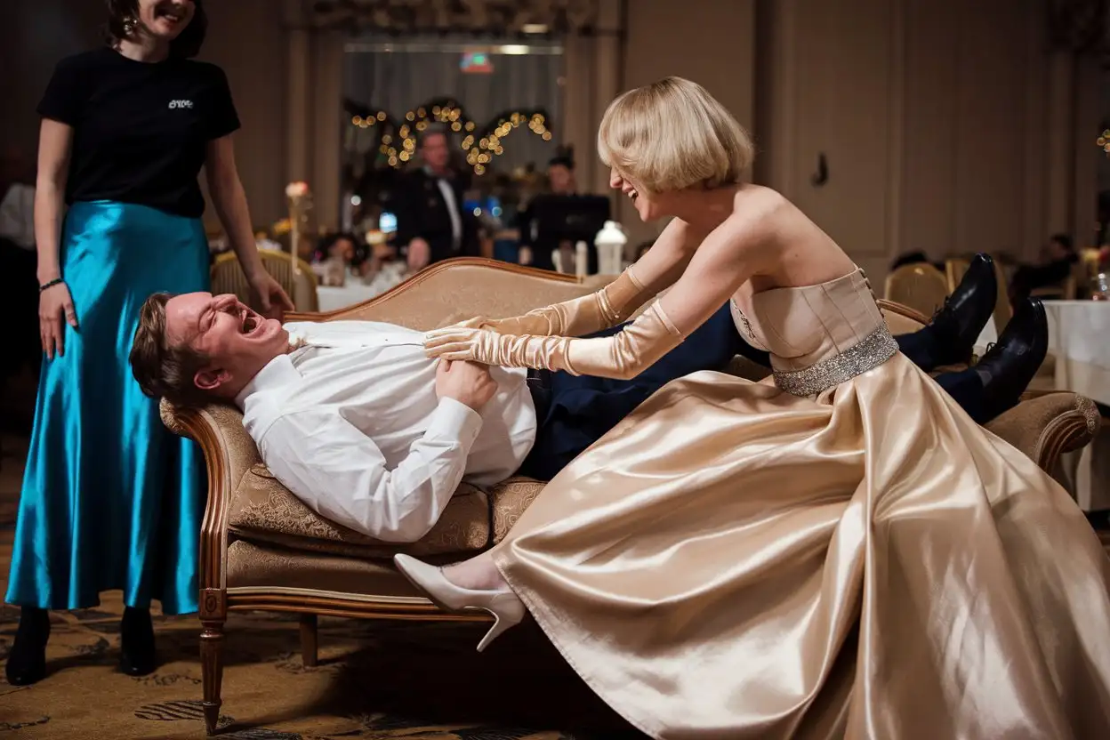 In a ballroom during a Christmas partz. A hysterically laughing Caucasian man is lying longways on his back on a sofa with his feet up . He is wearing no shoes. He is wearing a Teed shirt and trousers. A beautiful blonde woman is sitting beside him on the sofa with her legs crossed and one foot on the floor. she is looking down at his face. She is smiling. she has short hair. she is wearing beige satin opera gloves. she is scratching his chest with one finger. she is wearing a beige strapless gown with a silver belt, long beige shiny satin maxi circle skirt and silver heels. Another beautiful woman is standing and watching. she is smiling. she has folded arms. she is wearing a black tee shirt and blue satin skirt. she is wearing silver heels