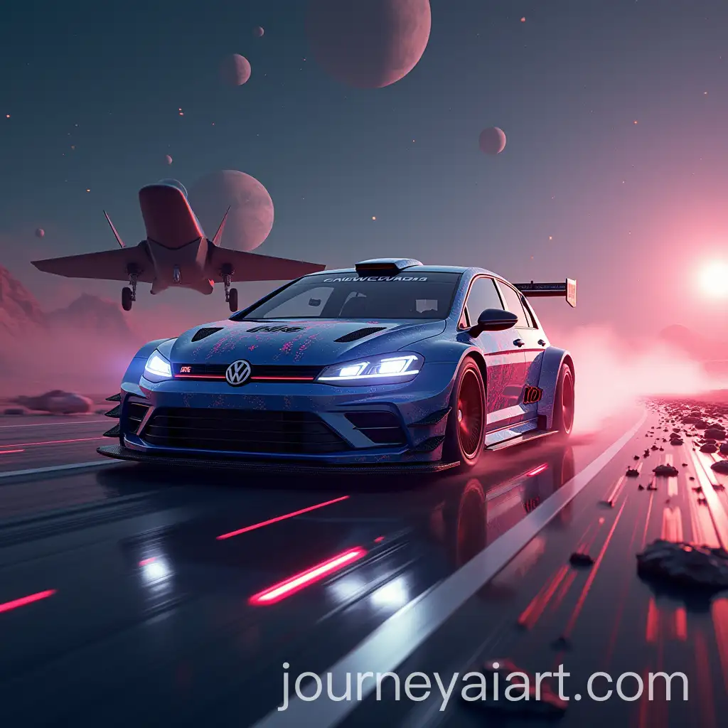 Futuristic-Race-Between-Volkswagen-Golf-GTI-Rally-Car-and-F35-in-Space