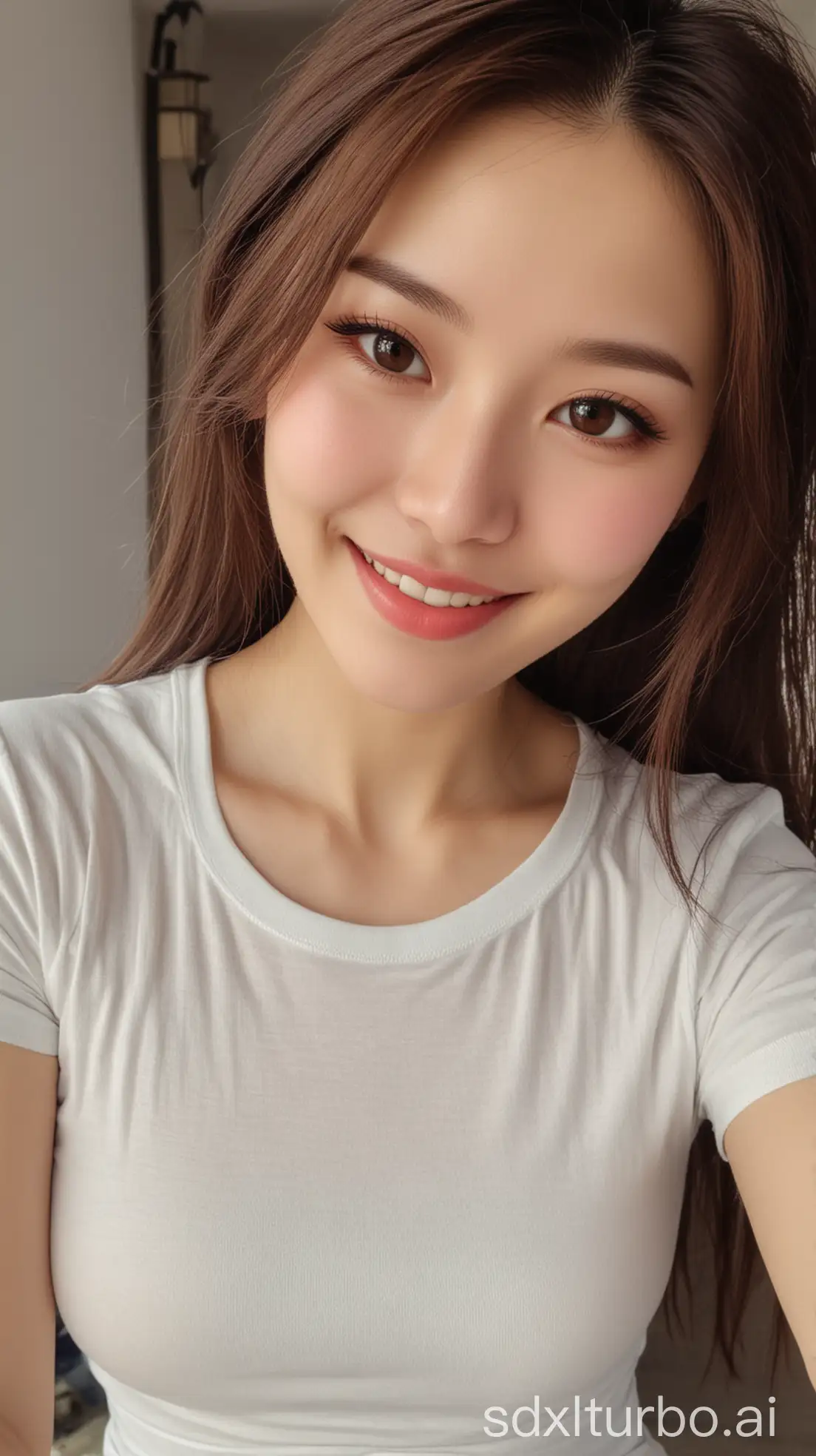 Chinese-Woman-in-Winter-White-Dress-Taking-CloseUp-Selfie