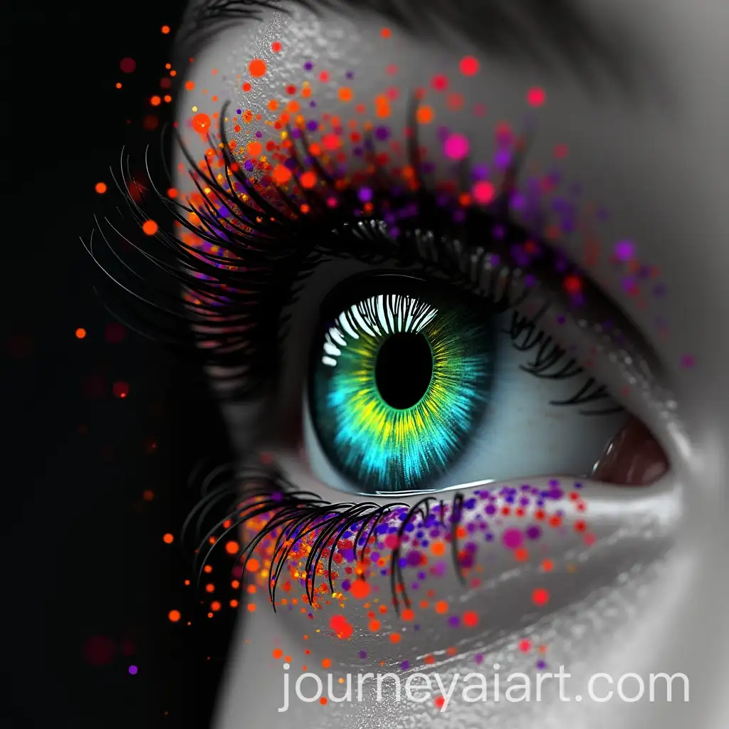 Black-and-White-Eye-with-Colorful-Floating-Dots
