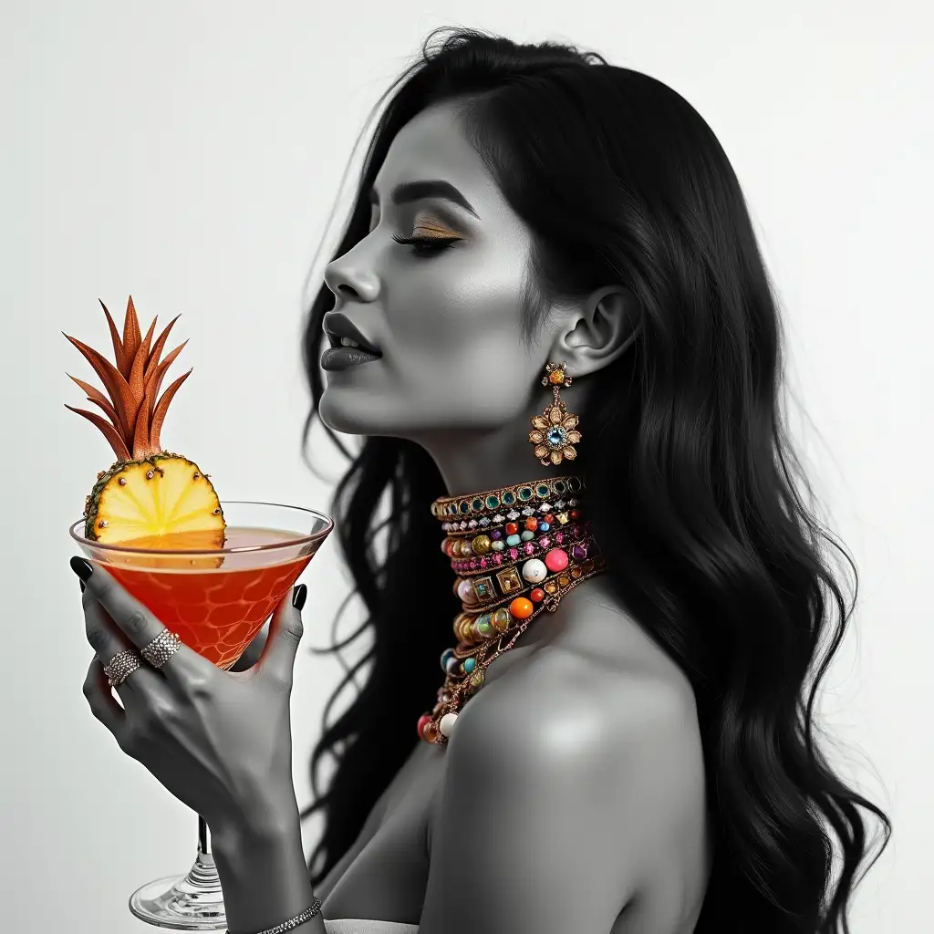 Hyperrealistic full body portrait of a beautiful black and white woman with very long hair holding a cocktail glass with pineapple in her hand 50 mm shot showing intricate, colorful and futuristic jewelry on a plain background