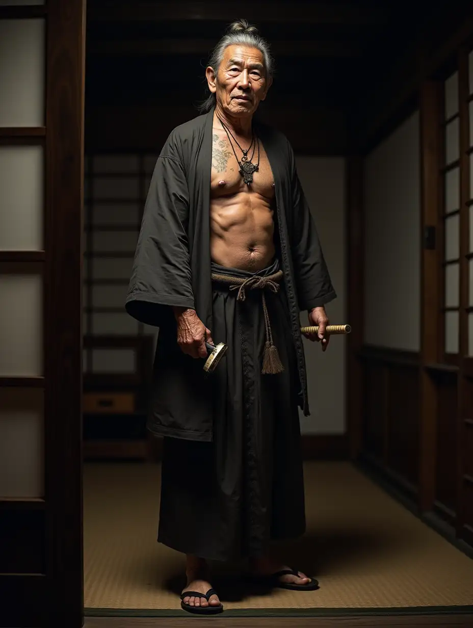 70 year old Japanese man, gray hair, bare chested, tattooed, very muscular, holding samurai sword, wearing kimono, traditional Japanese male hair, traditional Japanese male sandals, in a traditional Japanese house at night