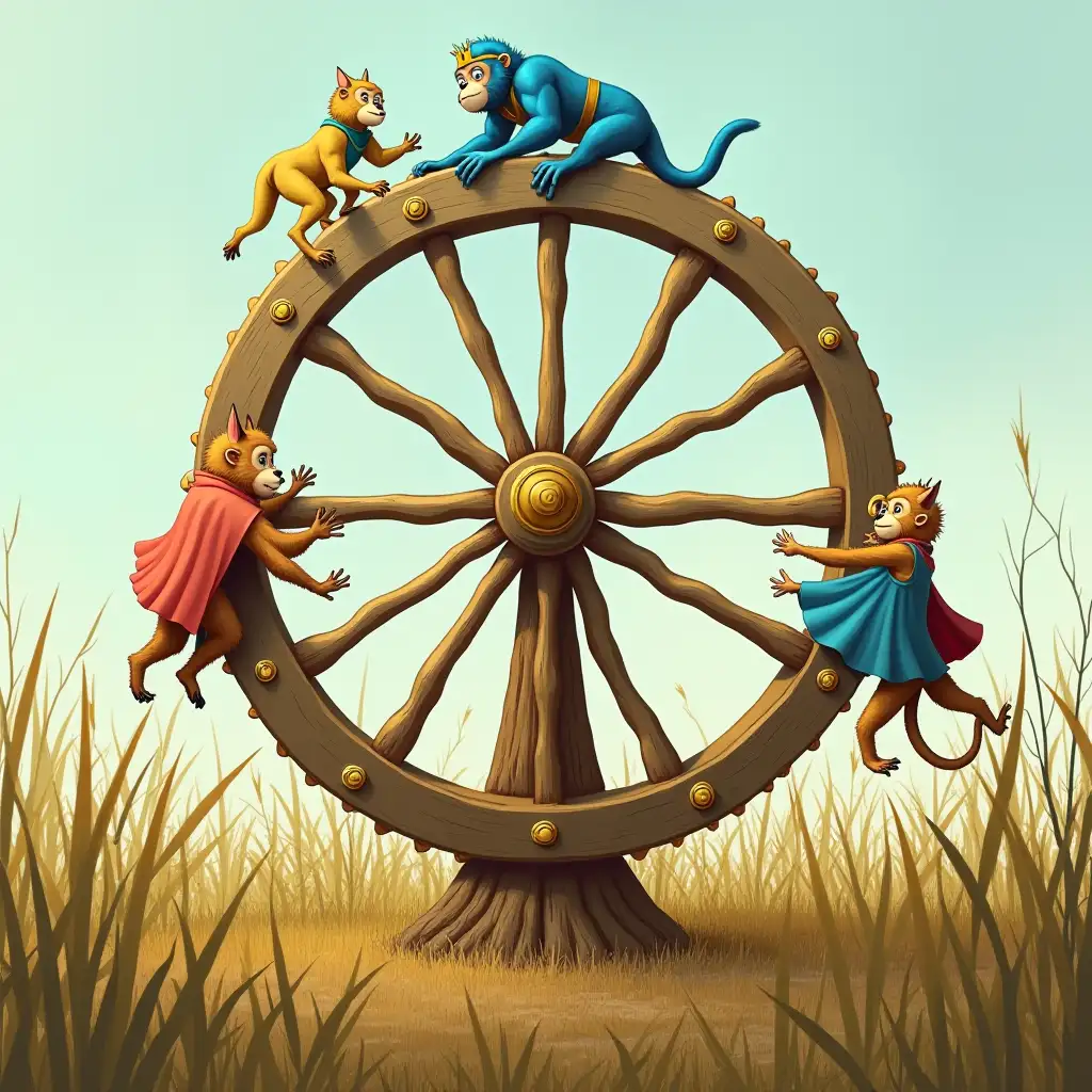 in the middle of a vetiver prairie, a wheel on a wooden support, at the top of the wheel a blue monkey with a golden crown, on the right side of the wheel a monkey dressed in a blue and red cape descends, on the left side of the wheel a yellow coyote with a blue cape goes up