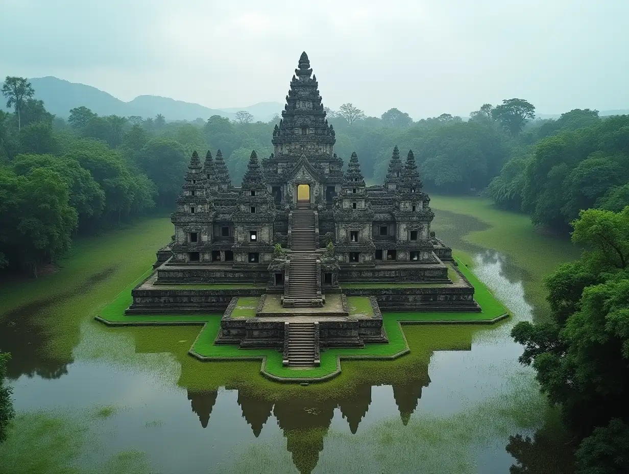 Aerial-View-of-an-Indonesian-Stone-Temple-Palace-Surrounded-by-a-Swamp-Village