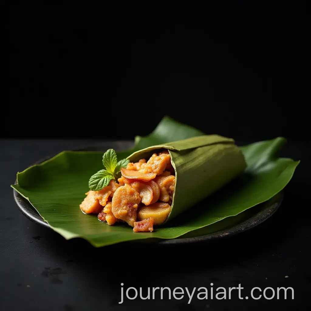 Photorealistic-Image-of-Food-Wrapped-in-Banana-Leaf-on-a-Black-Table
