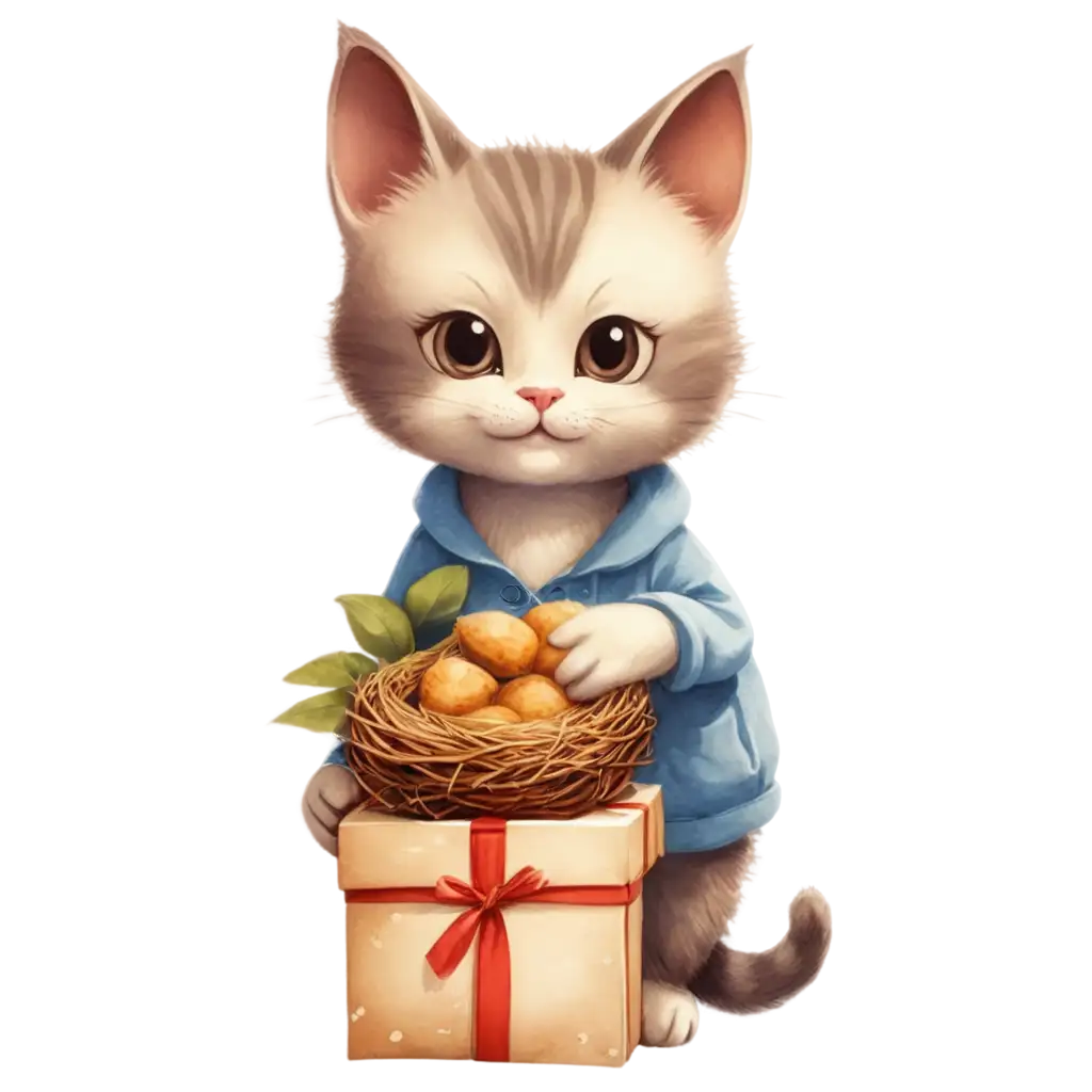 Create an image of a kitten hugging a box of bird's nest, with the brand 'Yến sào Khánh Hòa Thanh Đài' visible, set in a garden with trees. The image should be in a 16:9 aspect ratio with a width of 1280 pixels.