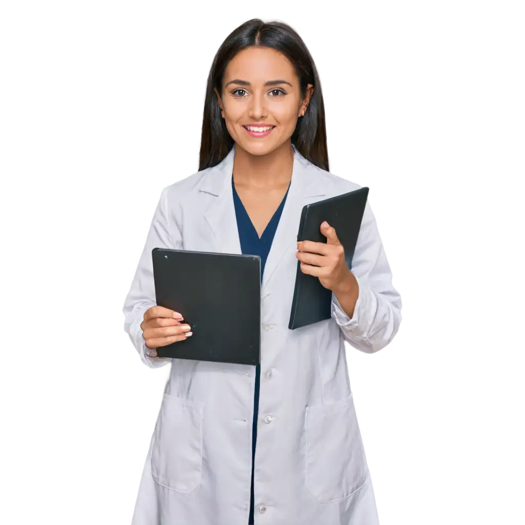 American-Female-Scientist-Researcher-in-White-Coat-Holding-Research-Pad-PNG-High-Quality-Image-for-Professional-Use