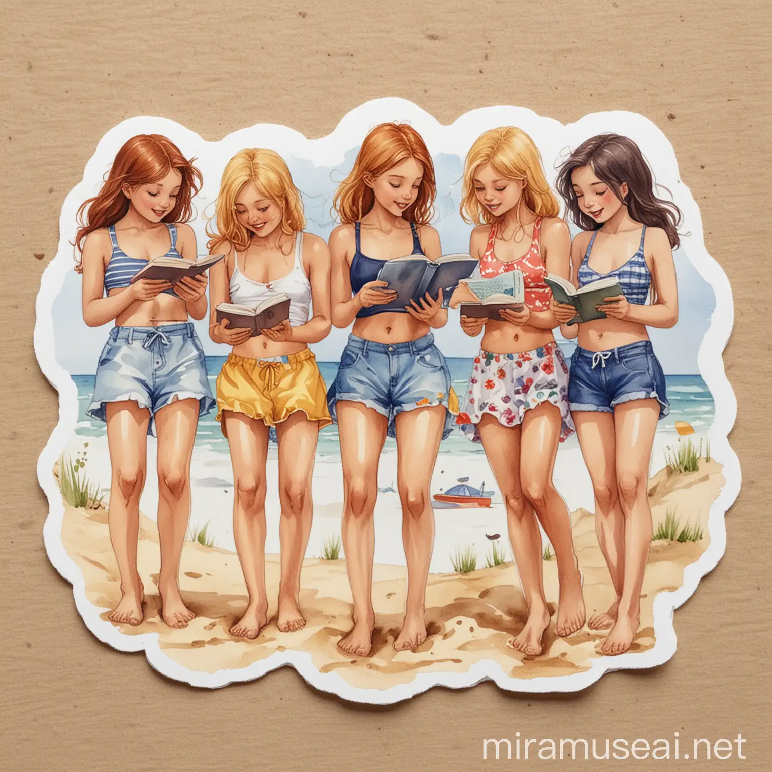 Group of Girls Reading Books on Beach in Bikinis and Shorts
