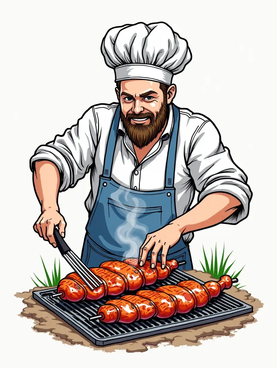 grill master, drawn with a black marker, shashlik drawn with colored markers