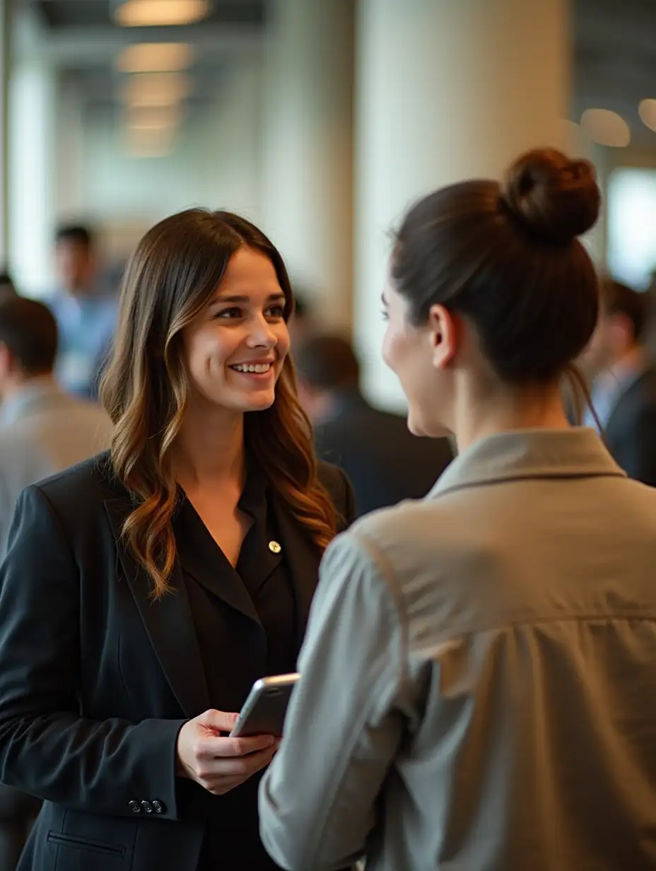 Two-Women-Talking-and-Hugging-at-a-Busy-Workplace-with-People-in-the-Background