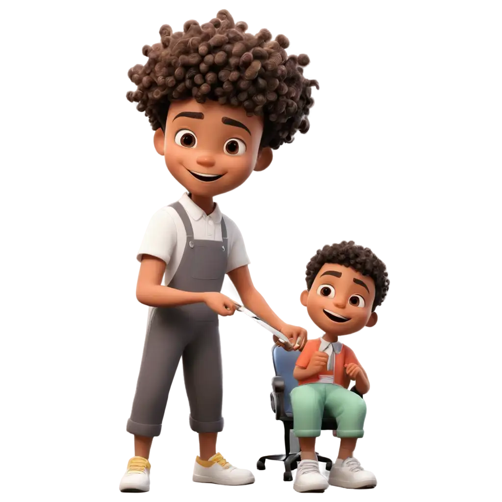 a cartoon barber is combing a curly-haired cartoon boy