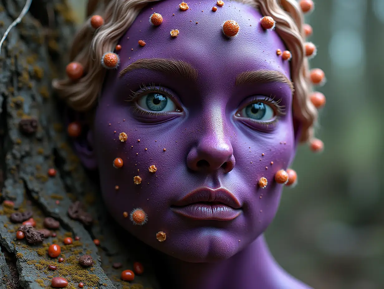 Face transformed into building with purple Fly Agaric roots