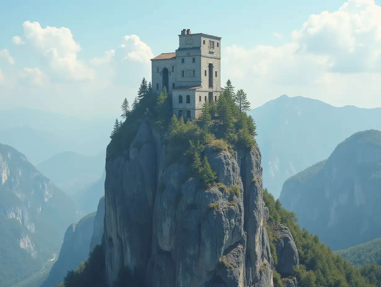Face transformed into a building on a high mountain