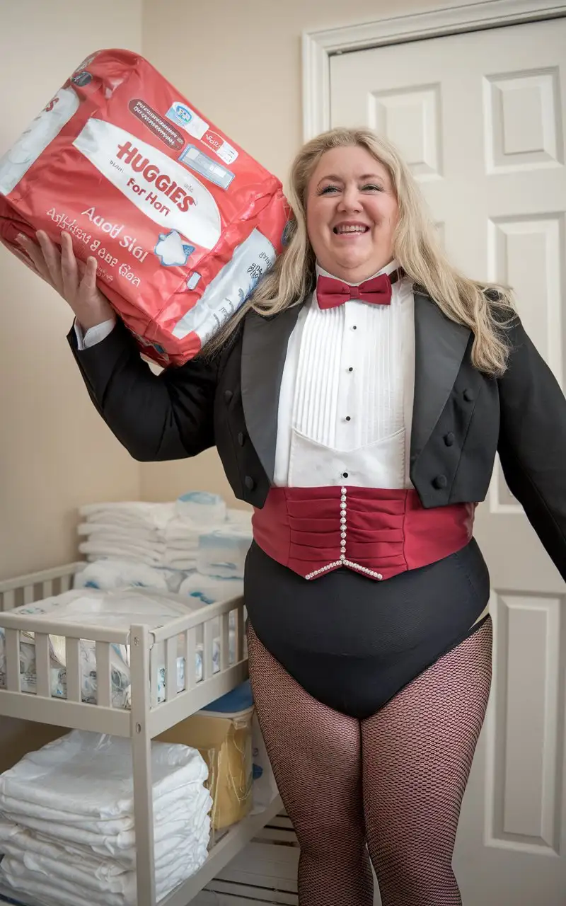 Smiling-MiddleAged-Caucasian-Woman-in-Formal-Tuxedo-Holding-Huggies-Package-in-Nursery