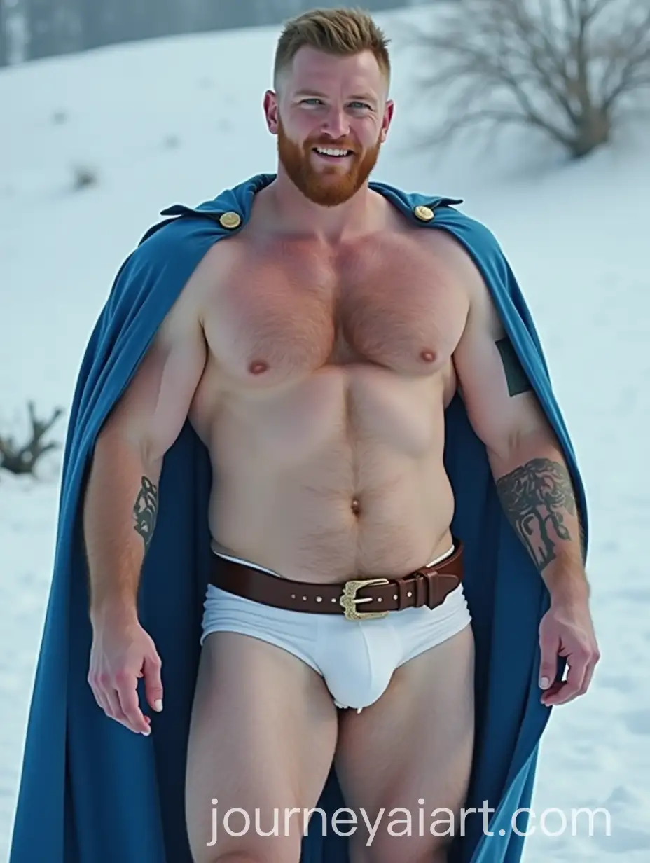 Pale-Gladiator-with-Ginger-Chest-Hair-and-Blue-Shoulder-Cape-Standing-in-the-Snow