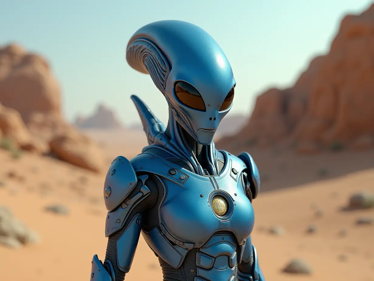 Alien with a blue Iron-Man suit in the stony desert landscape