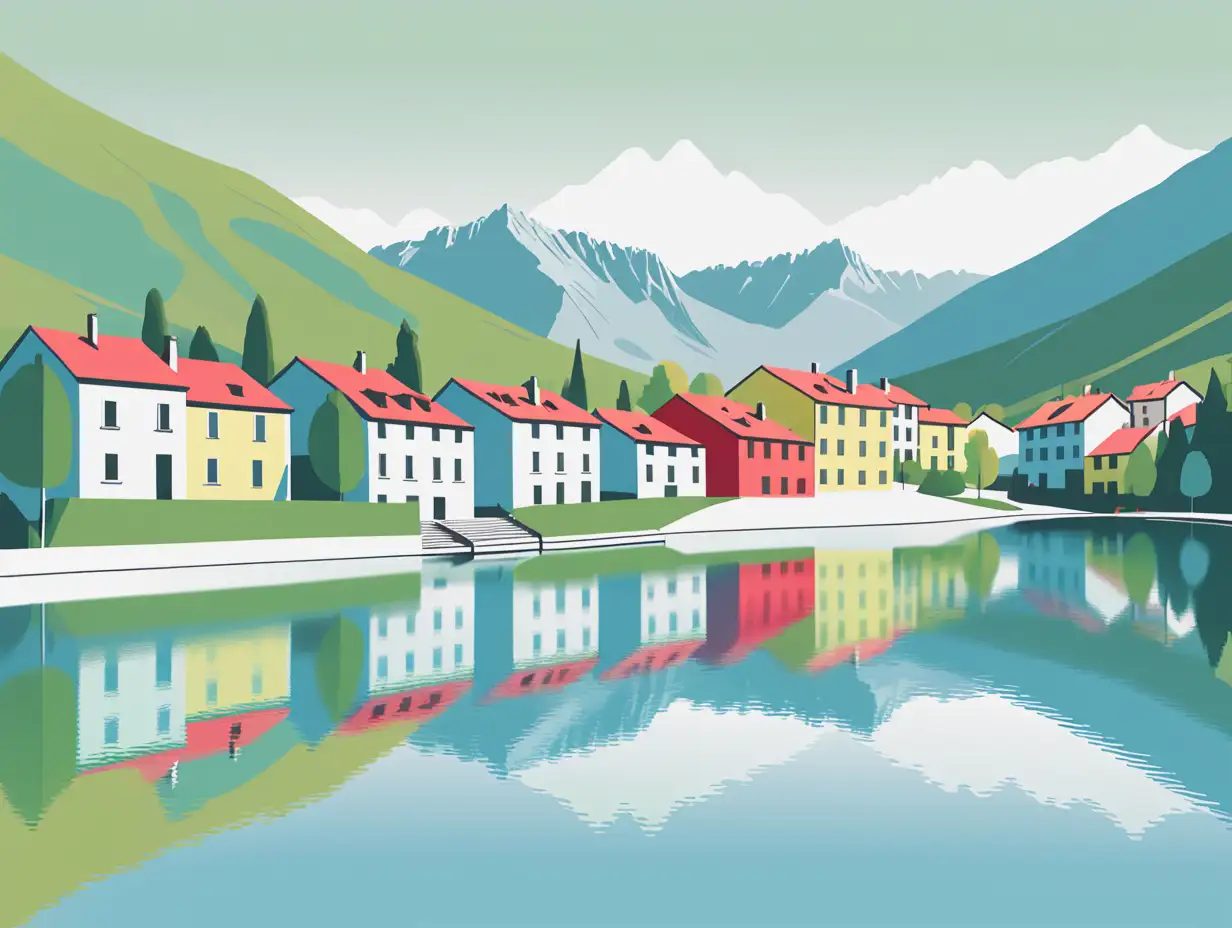 Pastel-Vector-Landscape-of-a-Tranquil-Lake-in-the-Pyrenees-with-Charming-Houses