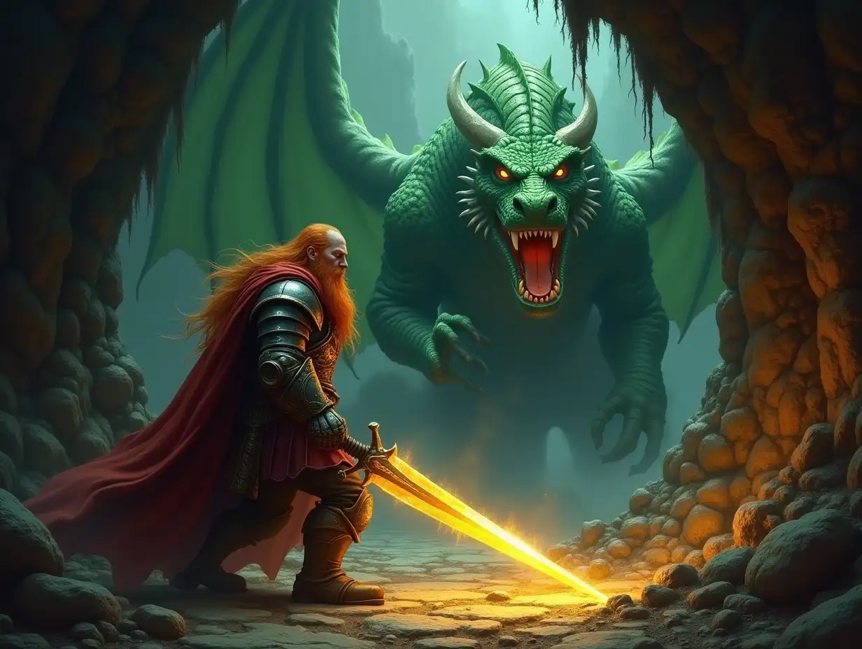 A gloomy. dramatic painting, in a cavern,  full scene of an orange haired dwarf man in plate armor with a glowing gold greatsword, fighting a 100ft tall green dragon in the distance