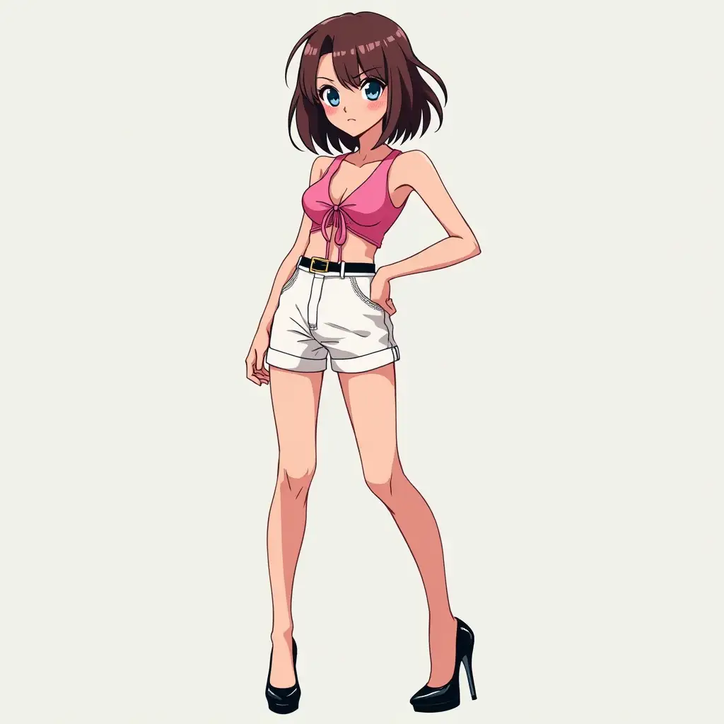 Female fashion model, 90s anime style, short brown hair, blue eyes, pink tie front crop top, white shorts, black high heels