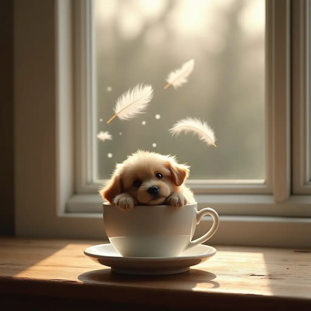 Adorable-Dog-Snuggled-in-Coffee-Cup-with-Falling-Goose-Feathers