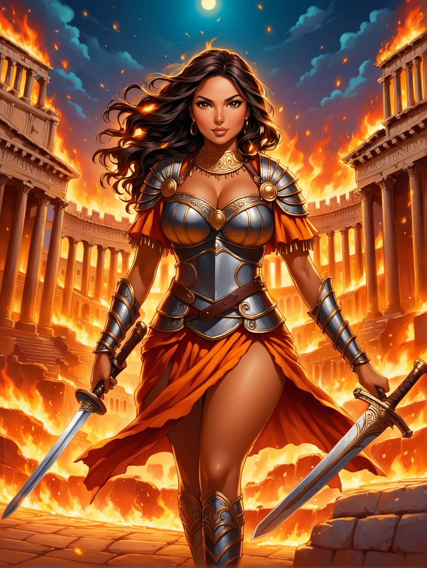 Latina-Gladiator-Woman-Brandishing-Short-Sword-in-Ancient-Rome-Night-Fire-Scene