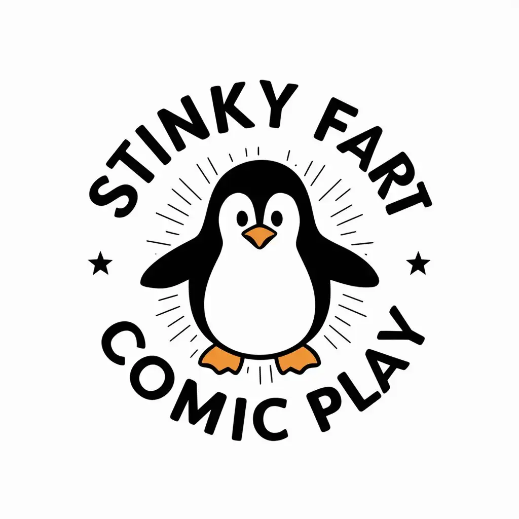 a vector logo design,with the text "stinky fart comic play", main symbol:Fart, penguin,Moderate,be used in Retail industry,clear background