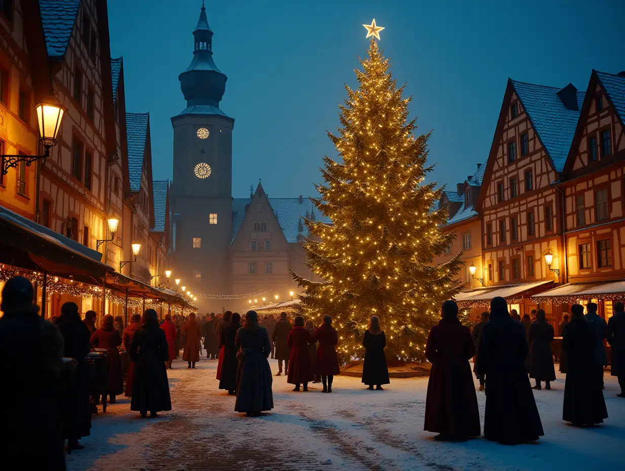 Night, the square of a medieval town, a Christmas tree garlanded with lanterns, people of all ages dressed in medieval winter fashion, it's snowing.