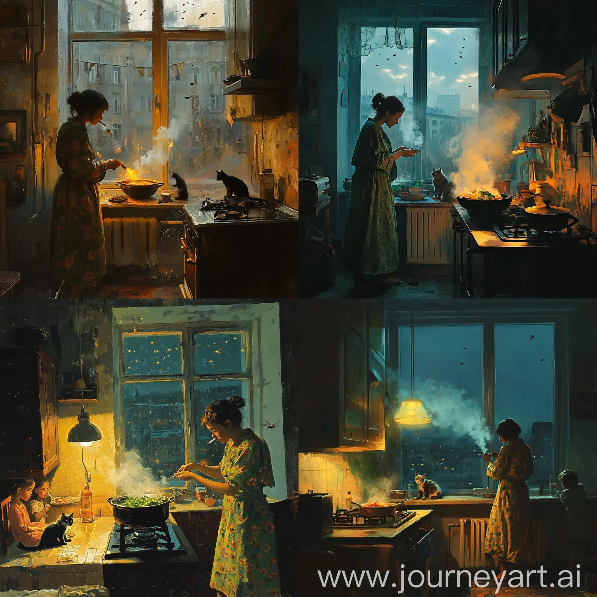 Evening-Scene-in-Communal-Apartment-Woman-Cooking-Borscht-Children-Playing-Cat-on-Windowsill