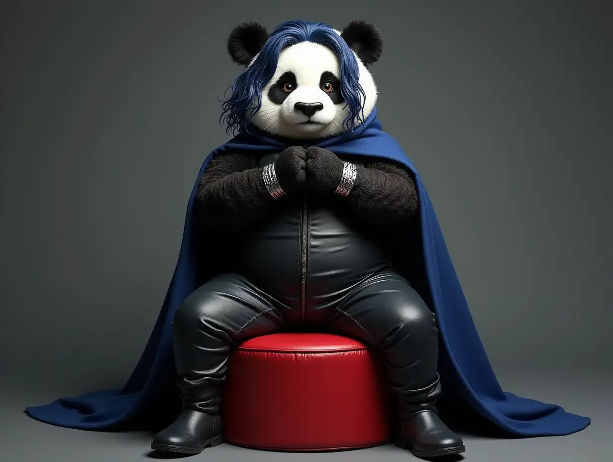 Fat-Panda-Plushie-in-Warrior-Leather-Outfit-with-Flowing-Cape