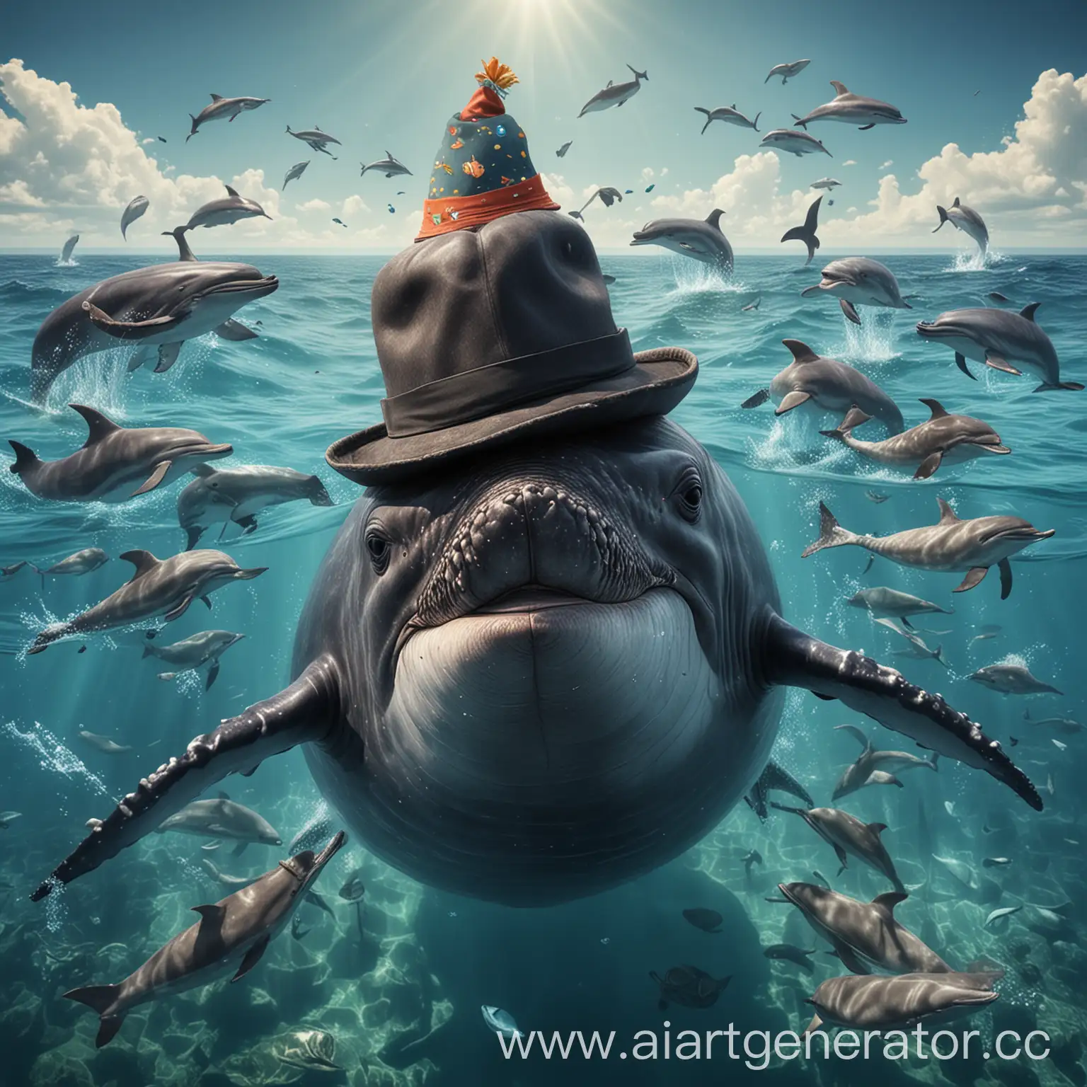 Whale-with-Hat-and-Mustache-Swimming-Among-Dolphins-in-the-Sea