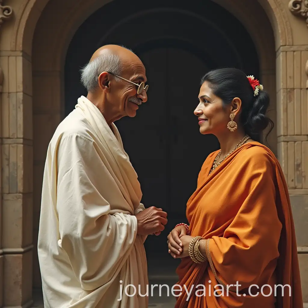 Mahatma-Gandhi-Talking-with-Indian-Lady-in-Saree