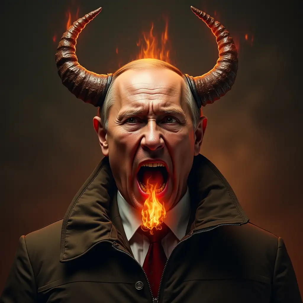 Putin with horns, mouth open, flames from mouth