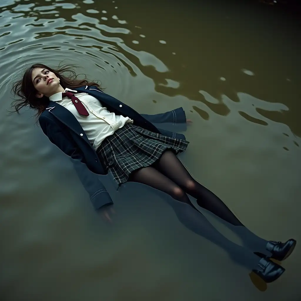 A schoolgirl in a school uniform, with a skirt, jacket, blouse, dark tights, high-heeled shoes. Swims in a dirty pond, body submerged under water, body underneath the water surface, clothing completely wet, entire clothing looks wet, wet clothing sticks to the body, lies on her back.