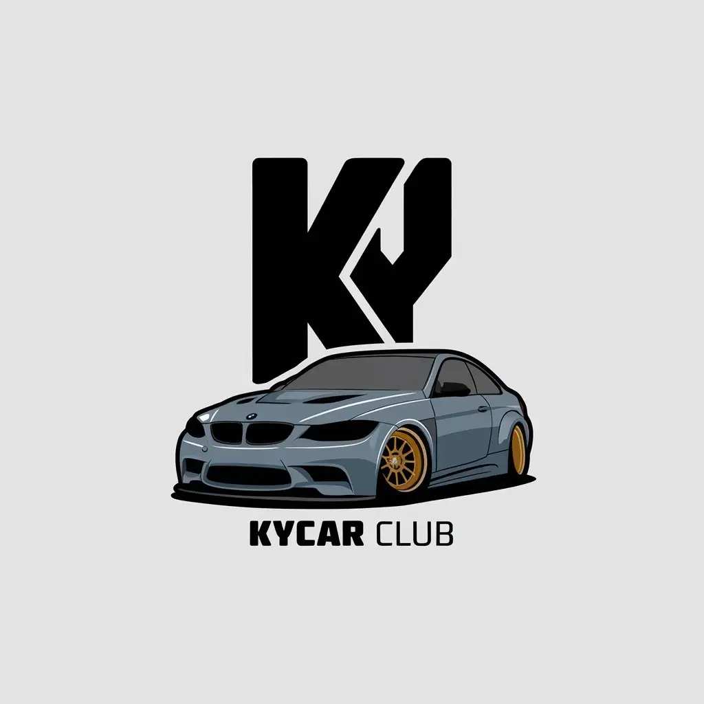 a vector logo design,with the text "KYCAR CLUB", main symbol:KY should be more prominent, with a background of a modified e92-335, it should have a sense of speed, the car should be obviously modified, the model must be e92-335, slightly simpler, somewhat cartoonish,Minimalistic,be used in Automotive industry,clear background