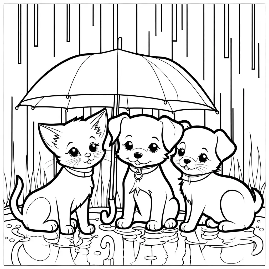 Kittens-and-Puppies-Playing-in-the-Rain-Coloring-Page