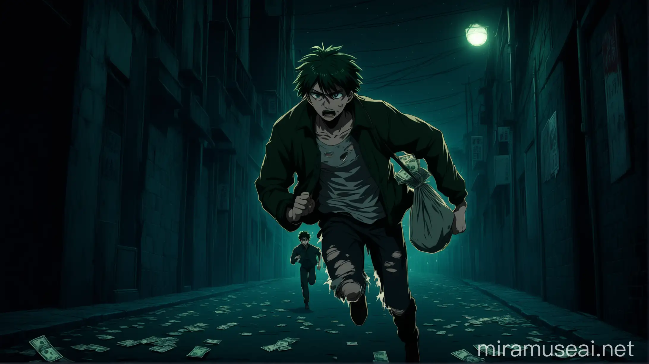 Anime Male Character Running with Bag of Money at Night