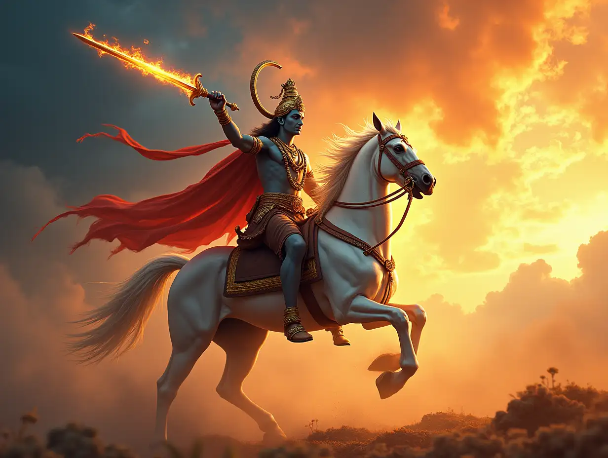 Kalki Avatar, the tenth and final incarnation of Lord Vishnu in Hinduism, is prophesied to appear at the end of the current Kali Yuga to restore dharma (righteousness). Depicted as a warrior on a white horse wielding a blazing sword, Kalki symbolizes the destruction of evil and the re-establishment of cosmic order. His arrival is said to end the cycle of degeneration and herald the dawn of a new Satya Yuga, or age of truth. Kalki represents divine intervention in times of chaos, reminding humanity of the eternal struggle between good and evil and the ultimate victory of righteousness.