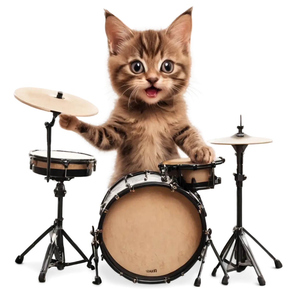 Adorable-Happy-Kitten-Playing-Drums-PNG-Image-Creative-and-Playful-Artwork