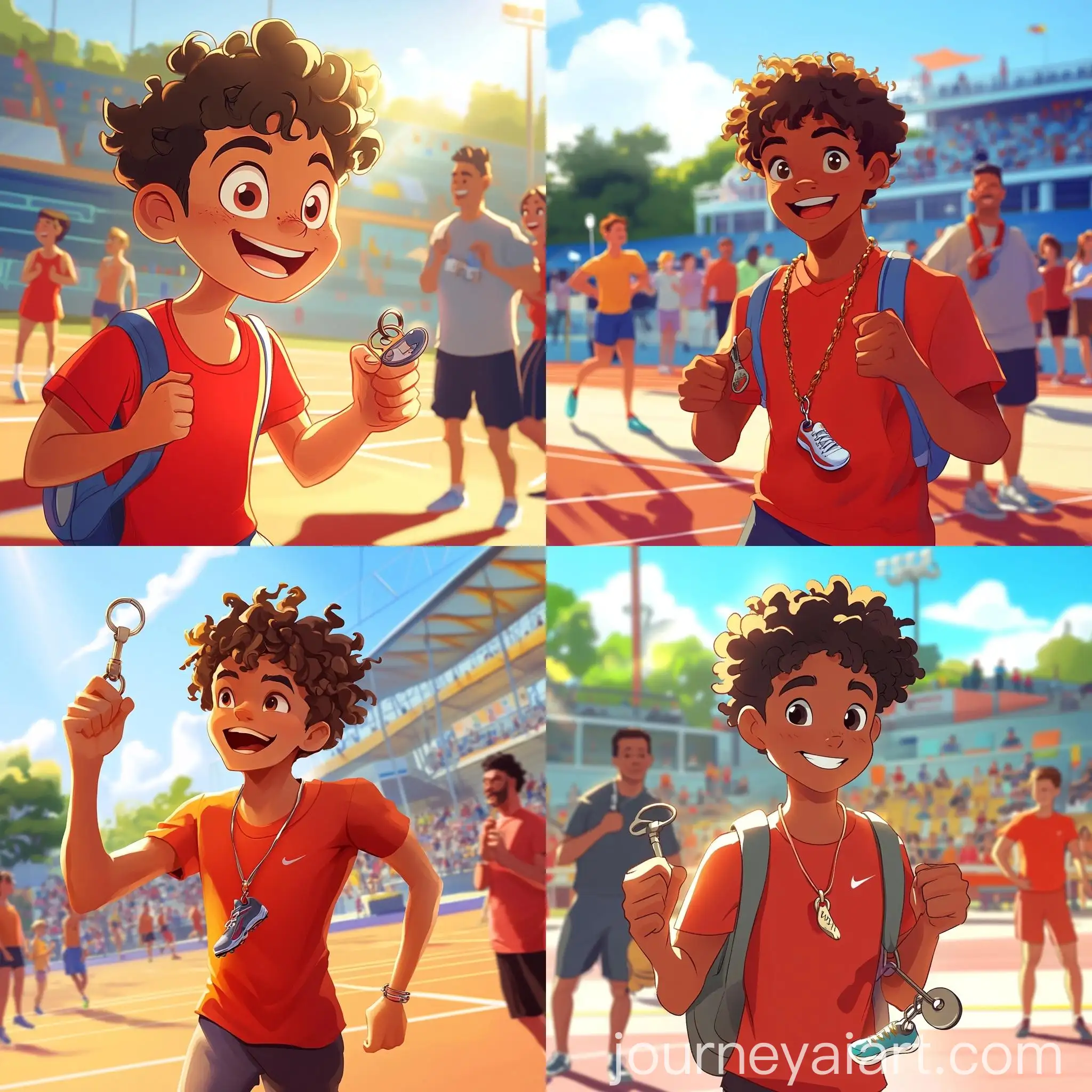 Excited-Teen-Athlete-with-Coach-and-Spectators-at-Athletics-Track