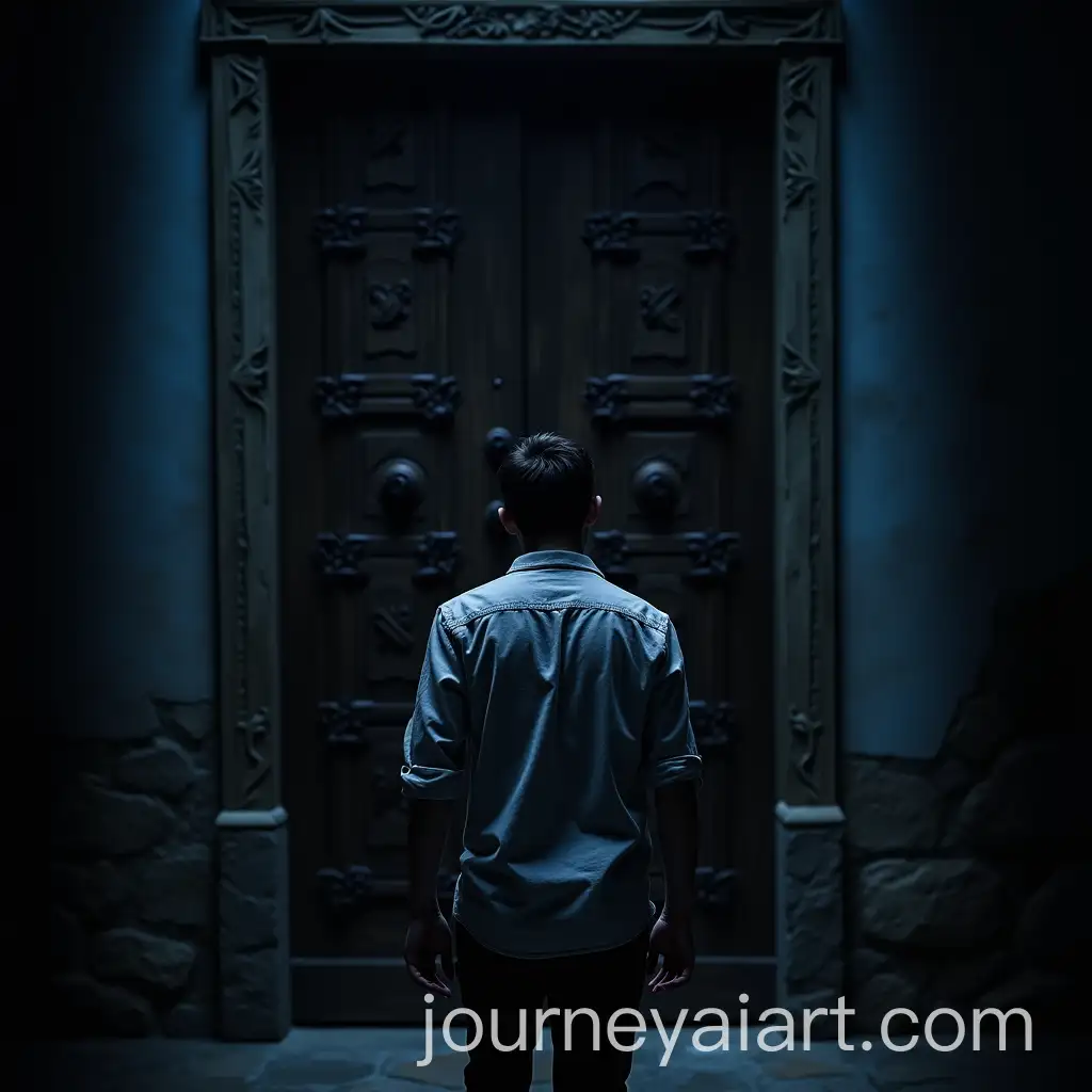 Young-Man-Hesitating-Before-Mystical-Old-Wooden-Door-in-Dark-Room