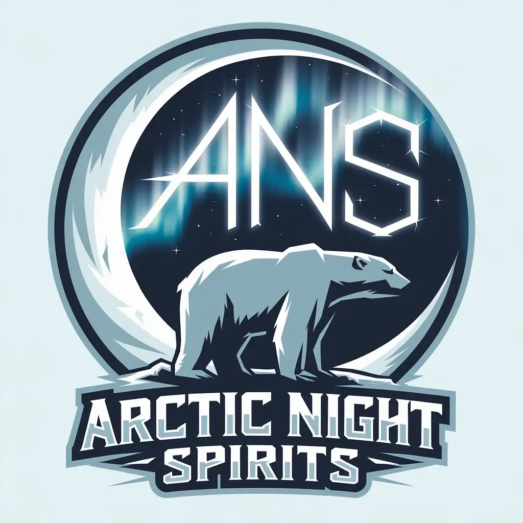 LOGO Design for Arctic Night Spirits Polar Bear Crescent Moon and Northern Lights Theme in Icy Blue Silver and White