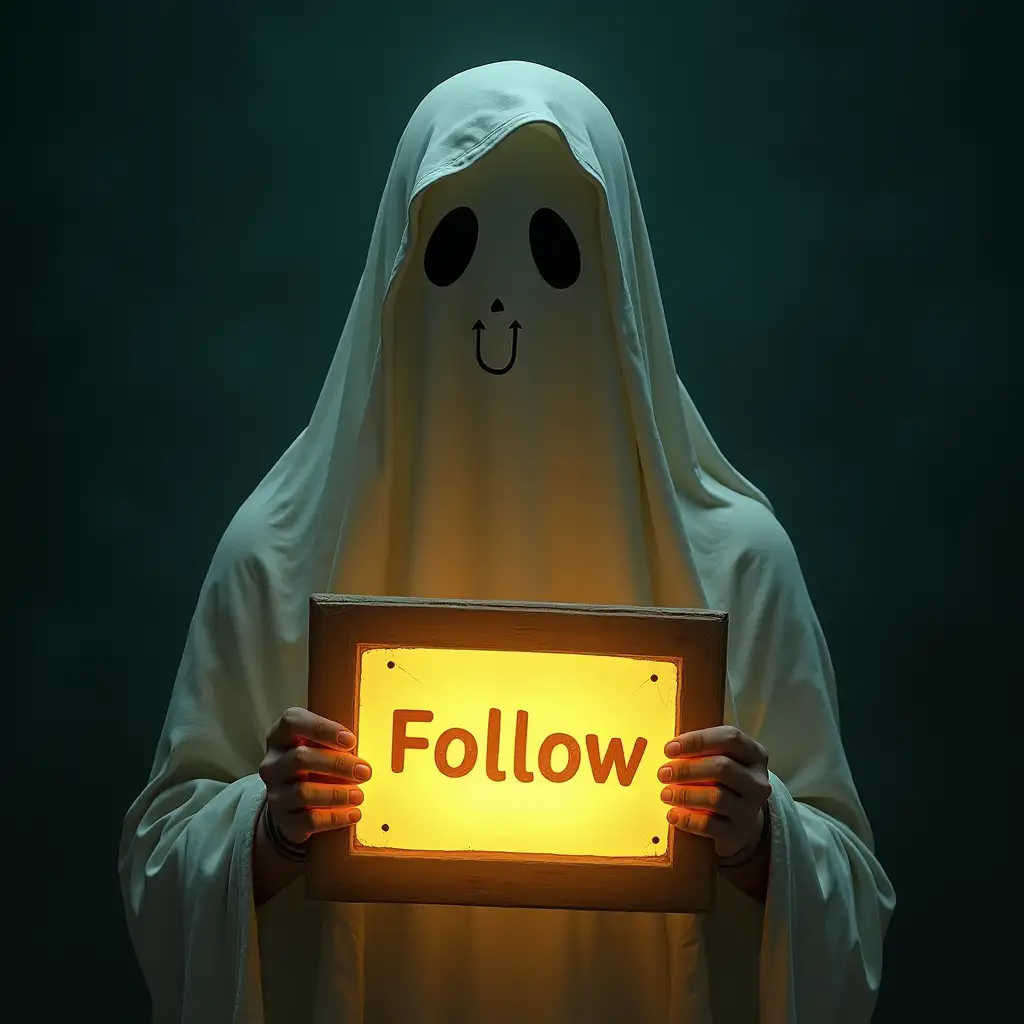 Indian realism style A Ghost holds a glowing sign with the inscription: Follow ANUJ RAJPUT 