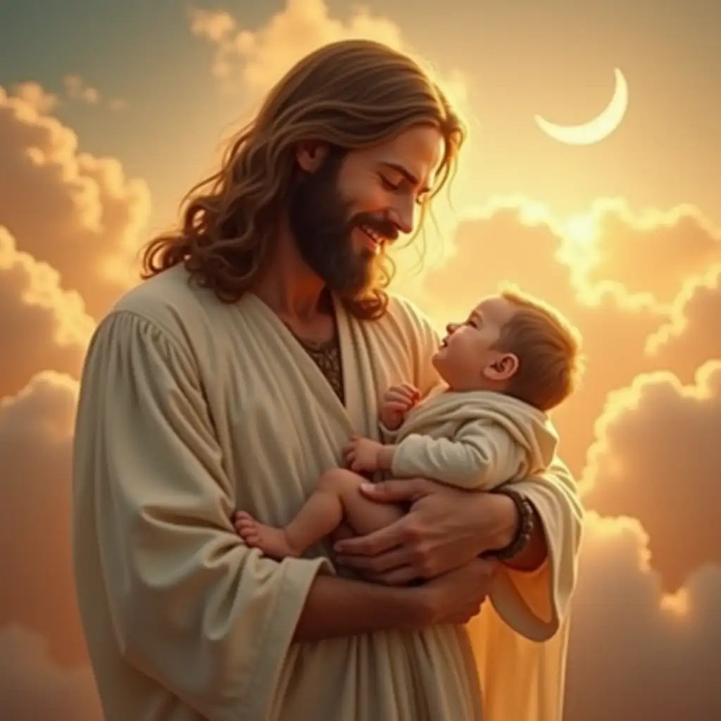 Jesus-Embracing-Baby-in-Celestial-Sunset-with-Crescent-Moon