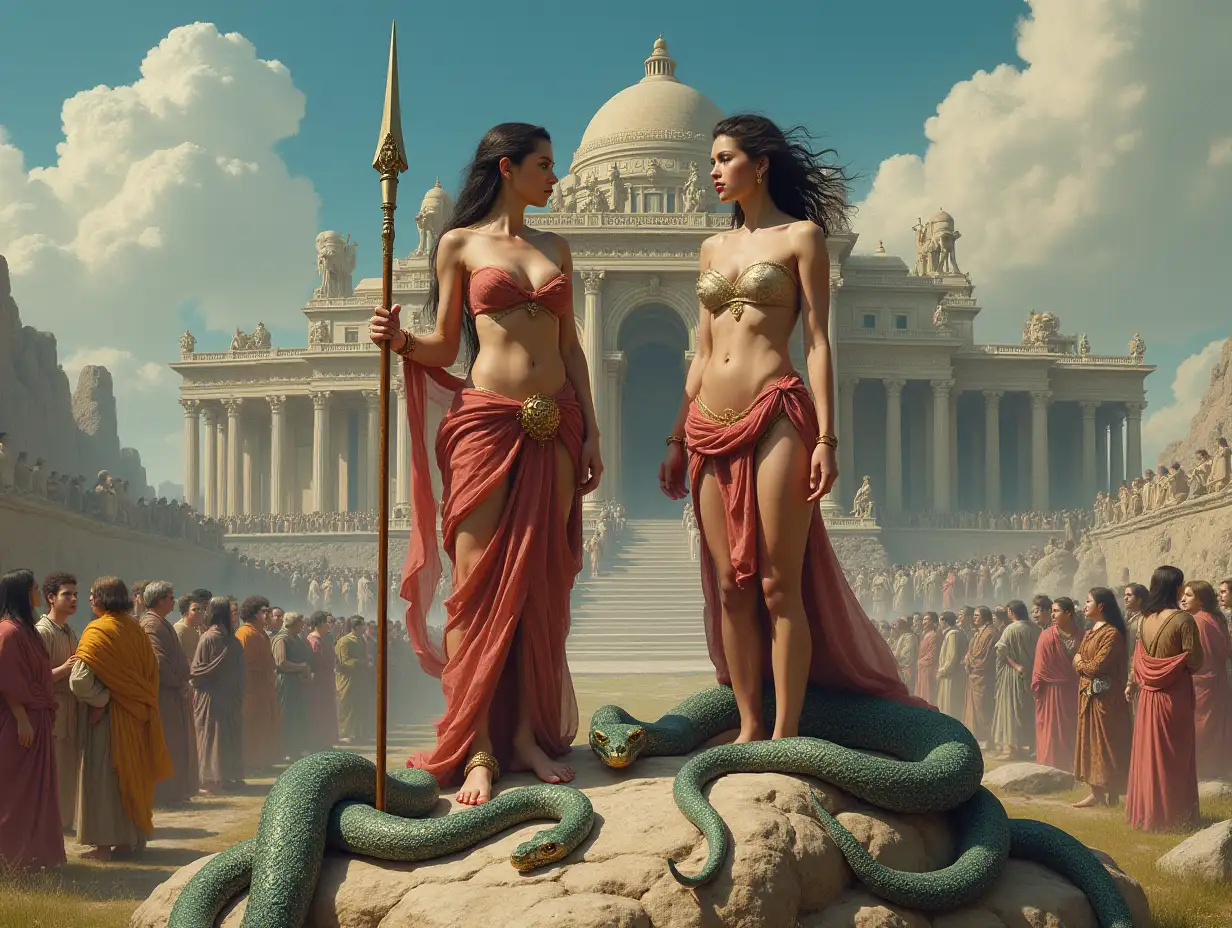 Ultradetailed hyperrealistic portrait of two womenwith snake bodies standing on a rock and a lance in her hand before a large temple with many people elaborately detailed, colorful